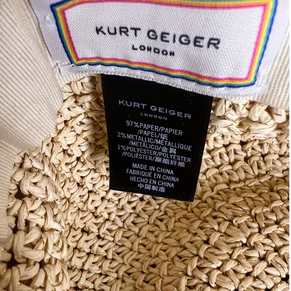 Kurt Geiger London Women Straw Floppy Sun Hat Gold Metallic Eagle Head Beige - Picture 3 of 3